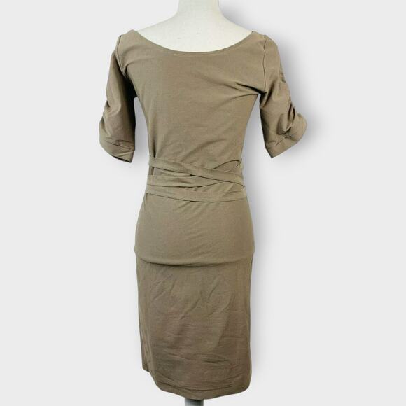 Tehen France Sheath Dress Tan Boat Neck Career Polished 1/4 Sleeves Size Medium - Picture 3 of 8
